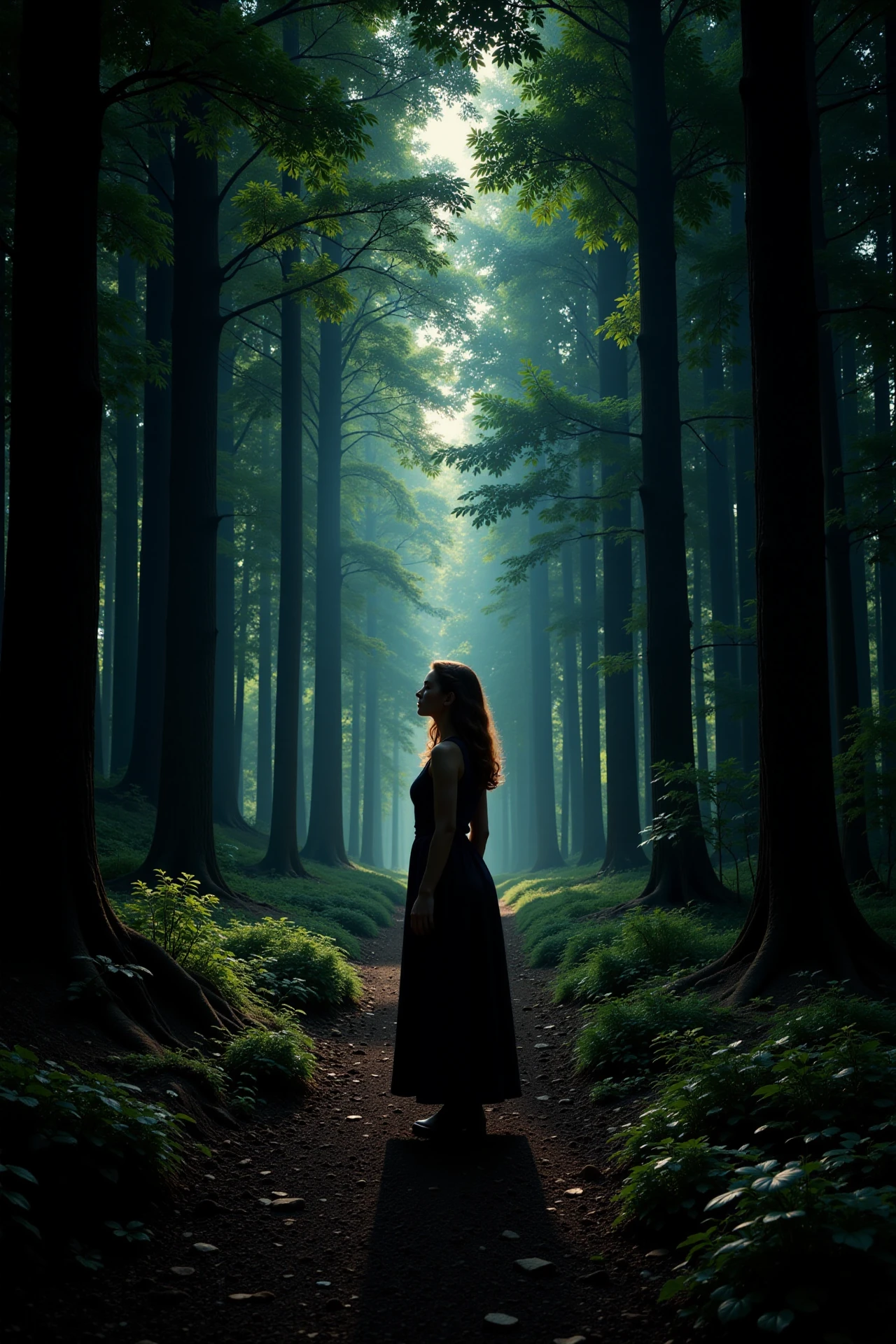 forest beautiful  landscape photo, photography, Fujifilm XT-4 Viltrox, realistic, bright luminous night, woman, very intricate, very detailed, sharp, bright, colorful, <lora:Hand v2:0.5> <lora:Anti-Blur:1><lora:Insane Detail Slider:0.25>  <lora:flux.1_lora_flyway_Epic-detail_v2:0.3> <lora:fluxenhancer:0.25>