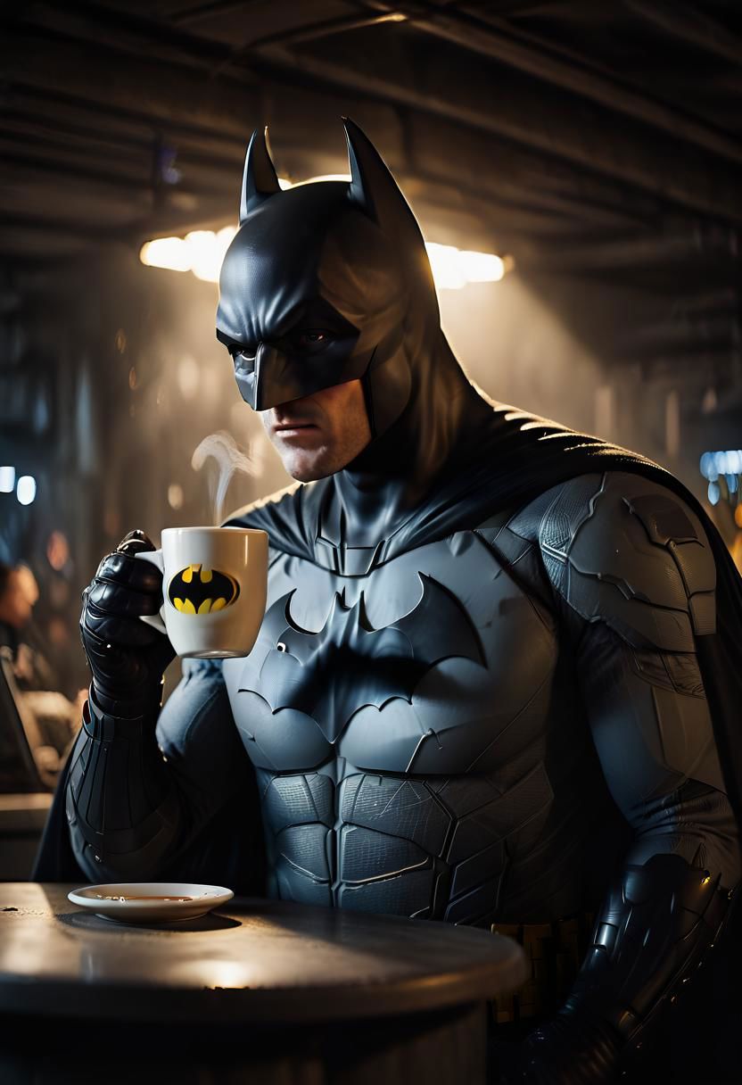 Michael Turner's lens captures an intimate scene of Batman drinking coffee in the Batcave. Sony A7III, dynamic lighting and precise color grading contribute to a stunning 6K, Ultra HD, Super Resolution image. Turner's expertise transforms this moment into an extraordinary and iconic portrait, an award-winning combination of glamor and realistic photography.ng_deepnegative_v1_75t, JuggernautNegative, Movie Still, Film Still, Cinematic, Cinematic Shot, Cinematic Lighting, epiCPhotoGasm-colorfulPhoto, realistic film photography, Portrait, professional color grading