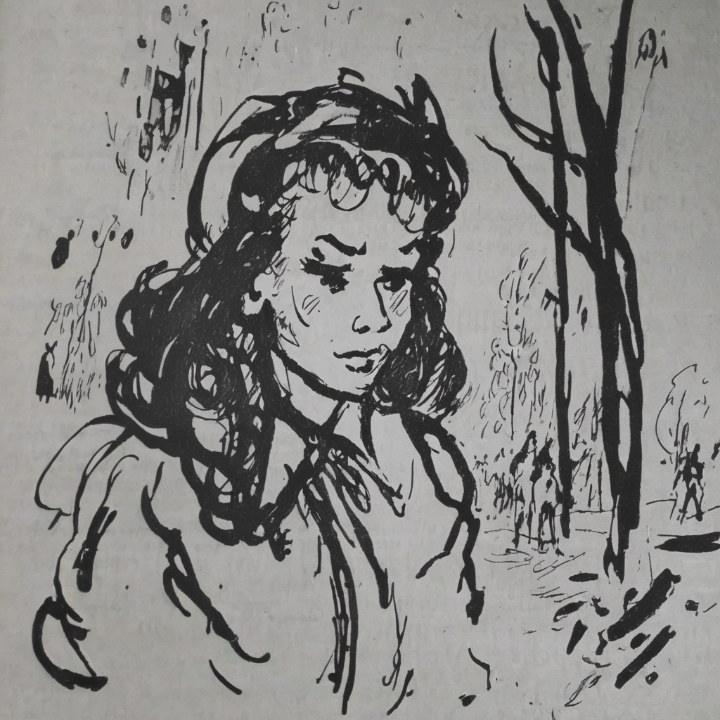grabianski-sk girl in dark forest, sketch<lora:grabianski-sk:1>