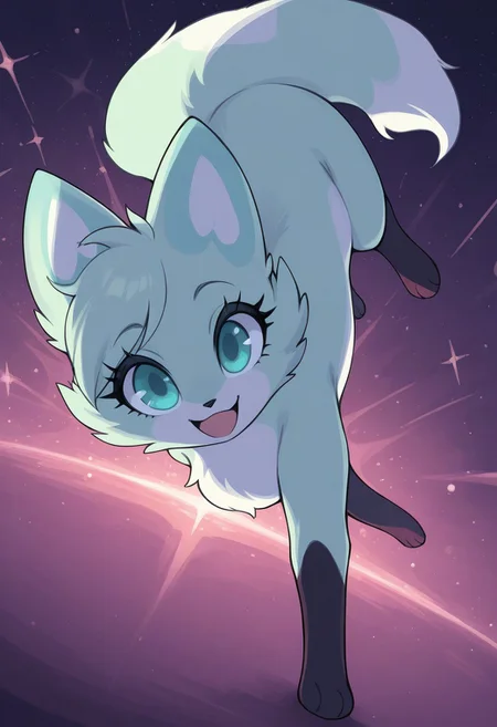 (absurdres, masterpiece, best quality),
1girl, solo, dynamic angle, sparkly background,
Slushi, mint fur, feral, fox, furry, eyelashes, looking at viewer, paws, smile, open mouth,