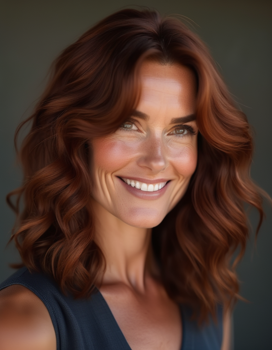 A striking portrait of a woman with shoulder-length, wavy auburn hair, her deep-set brown eyes reflecting a quiet strength, and a gentle, serene smile. <lora:usual-portrait-v2:1>