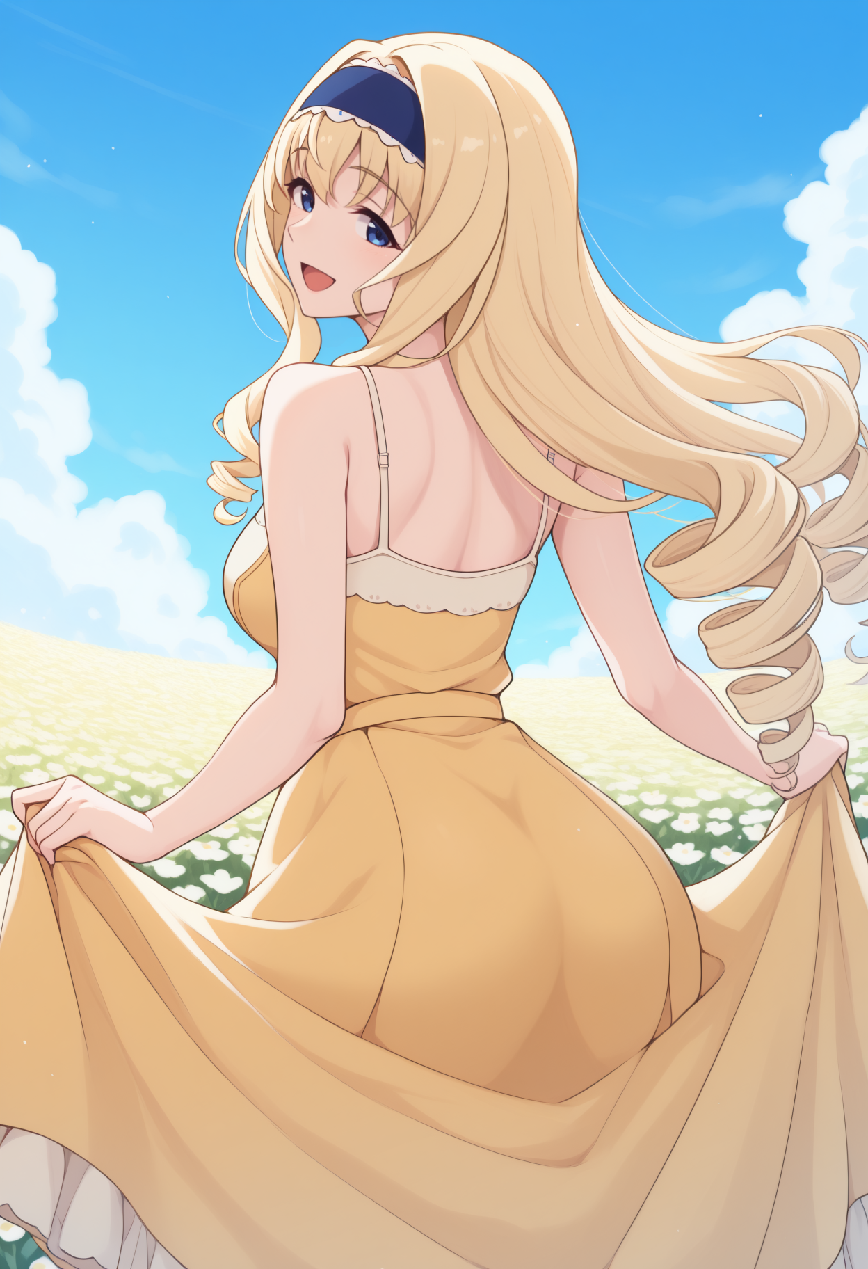 masterpiece, best quality, from behind, solo, 1girl, c3ciliaalc0tt, :d, looking back, skirt hold, drill hair, blue hairband, yellow sundress, bare shoulders, outdoors, blue sky, cloud, flower field
<segment:yolo-Anzhc Face seg 640 v2 y8n.pt,0.4,0.5//cid=1>