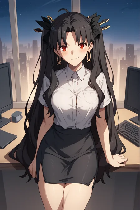 score_9, score_8_up, score_7_up, score_6_up, score_5_up, score_4_up, BREAK source_anime, 1girl, solo,
<lora:IshtarXL-v1-06:0.7>, ChopioIshtar, black hair, hair ribbon, very long hair, two side up, parted bangs, ahoge, red eyes, looking at viewer,
long legs, medium breasts, (thick thighs:0.8),
office, monitor, keyboard \(computer\), desk, standing, leaning against desk,
window, cityscape, night,
black skirt, pencil_skirt, black skirt, white shirt, shirt tucked in, button, belts, seductive smile,