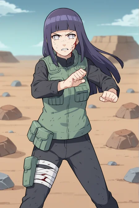 score_9, score_8_up, score_7_up, score_6_up, score_5_up, score_4_up, BREAK source_anime, 1girl, solo,
<lora:HinataShippudenXL-v1-07:0.7>, ChopioHinataBoruto, purple hair, shiny hair, blunt bangs, sidelocks, no pupils, white eyes, looking at viewer,
medium breasts,
long hair, straight hair,
outfit_2, green vest, black shirt, pouch, long sleeves, black pants, bandaged leg, dirty,
outdoors, desert, rocks, fighting stance, night, dark, blood on clothes, serious, clenched teeth,