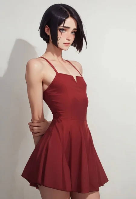 score_9, score_8_up, score_7_up, 1boy, femboy, otoko no ko, short hair, bob cut hair, black hair, grey eyes, gray eyes, feminine face, toned body, Shelly, summerdress, red dress, highly detailed, intricate, zzCitronCAT, standing, contrapposto, arms behind back, shy expression, cowboy shot, modelshoot, abstract background, solo