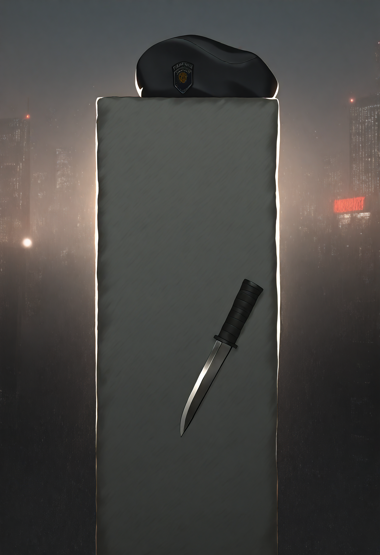 absurdres, highly-detailed, best quality, masterpiece, very aesthetic, 1boy, solo, t0fu, pokemon (creature), beret, holding knife, dark city background