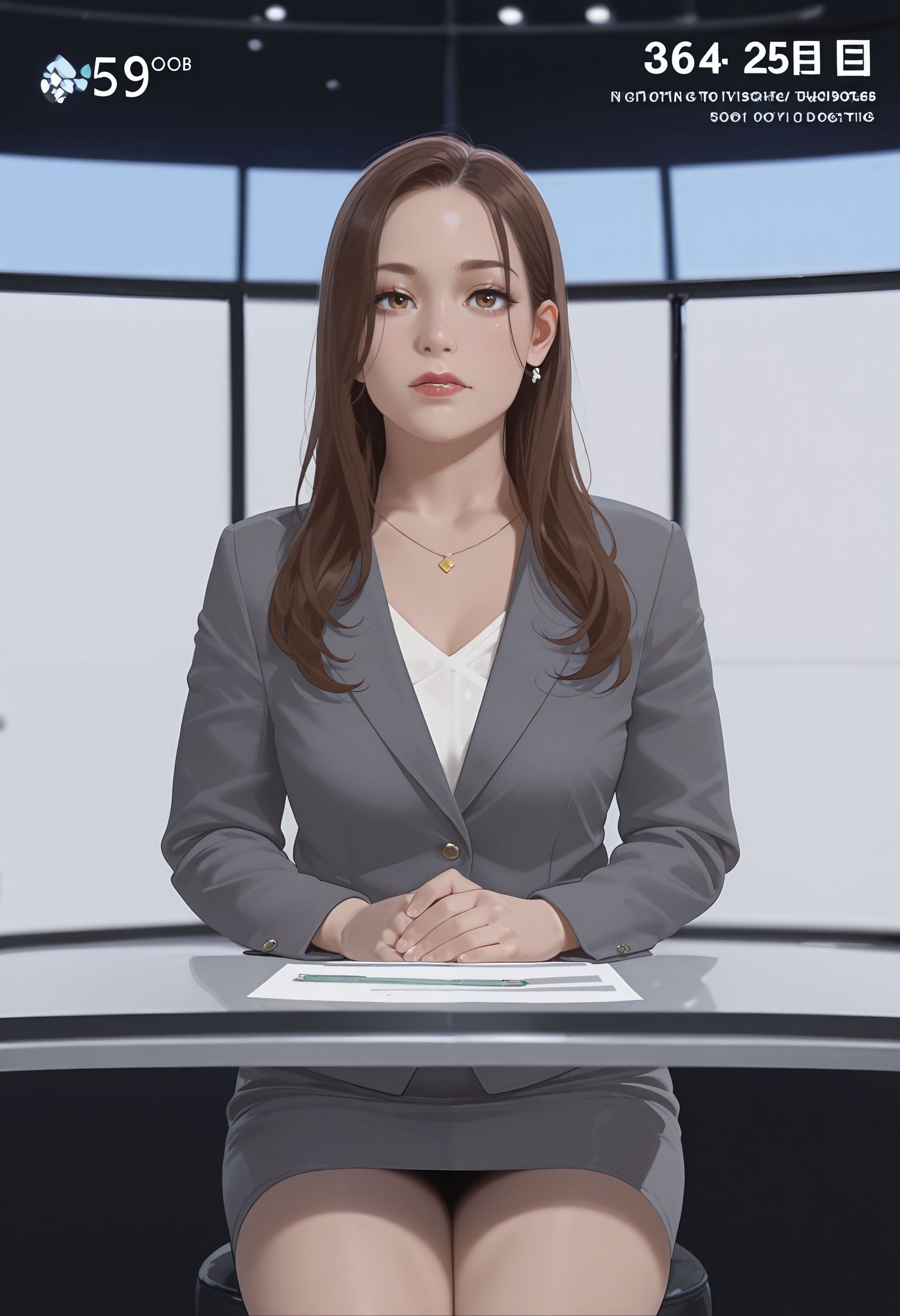1girl, 
nwscstr, newscaster, announcer, female announcer, news, breaking news, studio, fake screenshot, <lora:newscaster_illustrious:0.8>
cowboy shot, own hands together, sitting, pov across table, table, hands on table, pencil skirt,
