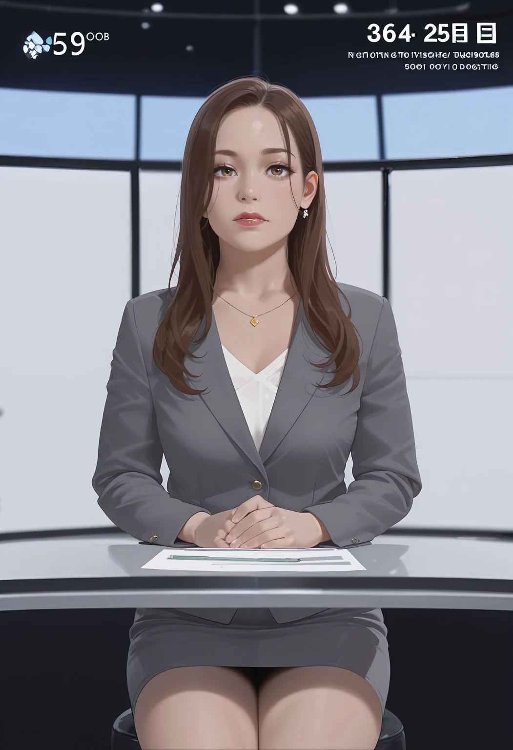 1girl,
nwscstr, newscaster, announcer, female announcer, news, breaking news, studio, fake screenshot, <lora:newscaster_illustrious:0.8>
cowboy shot, own hands together, sitting, pov across table, table, hands on table, pencil skirt,