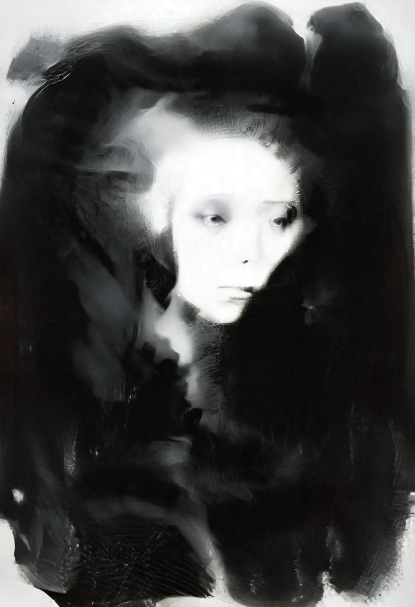 Monochrome black and white, Dali, Magritte, Delvaux, Bellmer, Malevitch, Rodchenko, Mondrian, Kandinsky, Popovna, psychedelic hallucination, pop surrealism, rough crosshatch drawing pop art Lunatic_Portrait of a young woman in latex Avant-garde Fashion page, slick back, low bun, black makeup, sinister expression, intense glare, avant-garde, abstract, weird, geometric, constructivism, suprematism, rayonism, verticism, lineism, tj