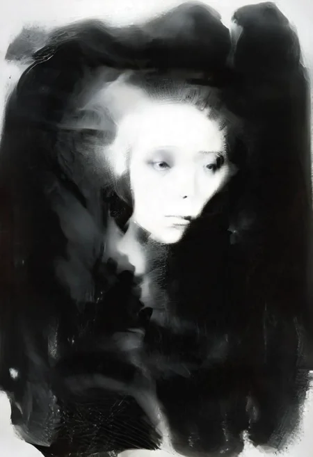 Monochrome black and white, Dali, Magritte, Delvaux, Bellmer, Malevitch, Rodchenko, Mondrian, Kandinsky, Popovna, psychedelic hallucination, pop surrealism, rough crosshatch drawing pop art Lunatic_Portrait of a young woman in latex Avant-garde Fashion page, slick back, low bun, black makeup, sinister expression, intense glare, avant-garde, abstract, weird, geometric, constructivism, suprematism, rayonism, verticism, lineism, tj