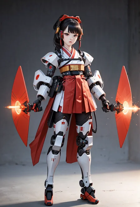 best quality, high_resolution, distinct_image, detailed background ,hanbok,fused robot,girl,holding weapon,mecha musume:0.5, in factory,exoskeleton,