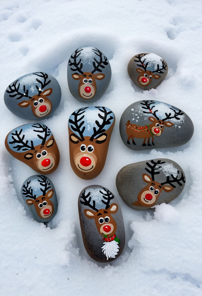 Happy stones. several painted pebbles, painted to resemble a reindeer. The stones are lying in the snow