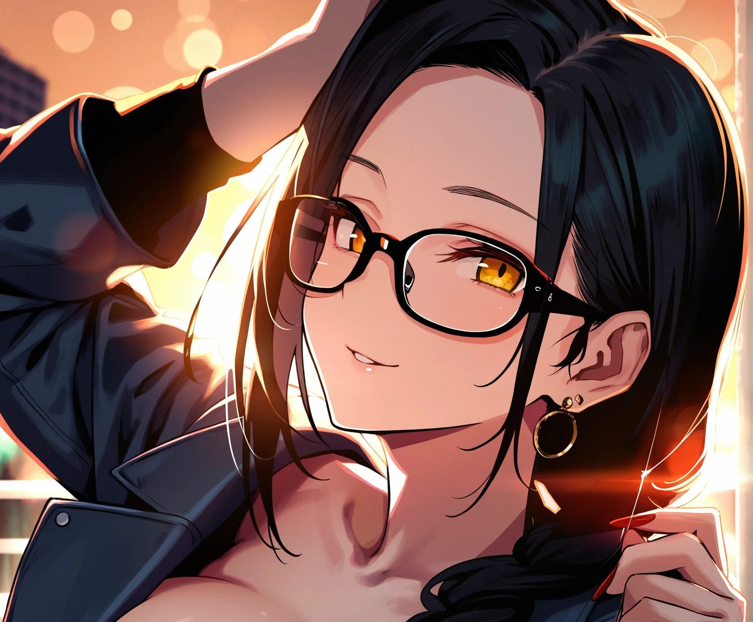 best quality, amazing quality, masterpiece, anime, 1girl, portrait, close-up, stylish glasses, black hair,