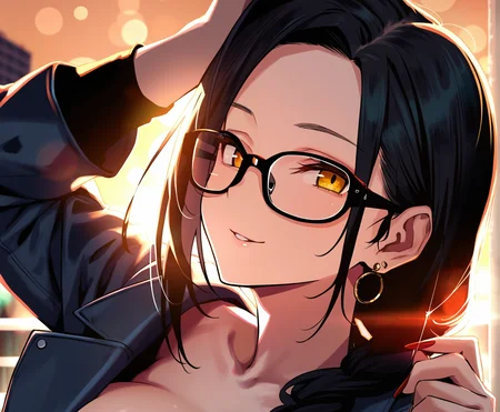 best quality, amazing quality, masterpiece, anime, 1girl, portrait, close-up, stylish glasses, black hair,