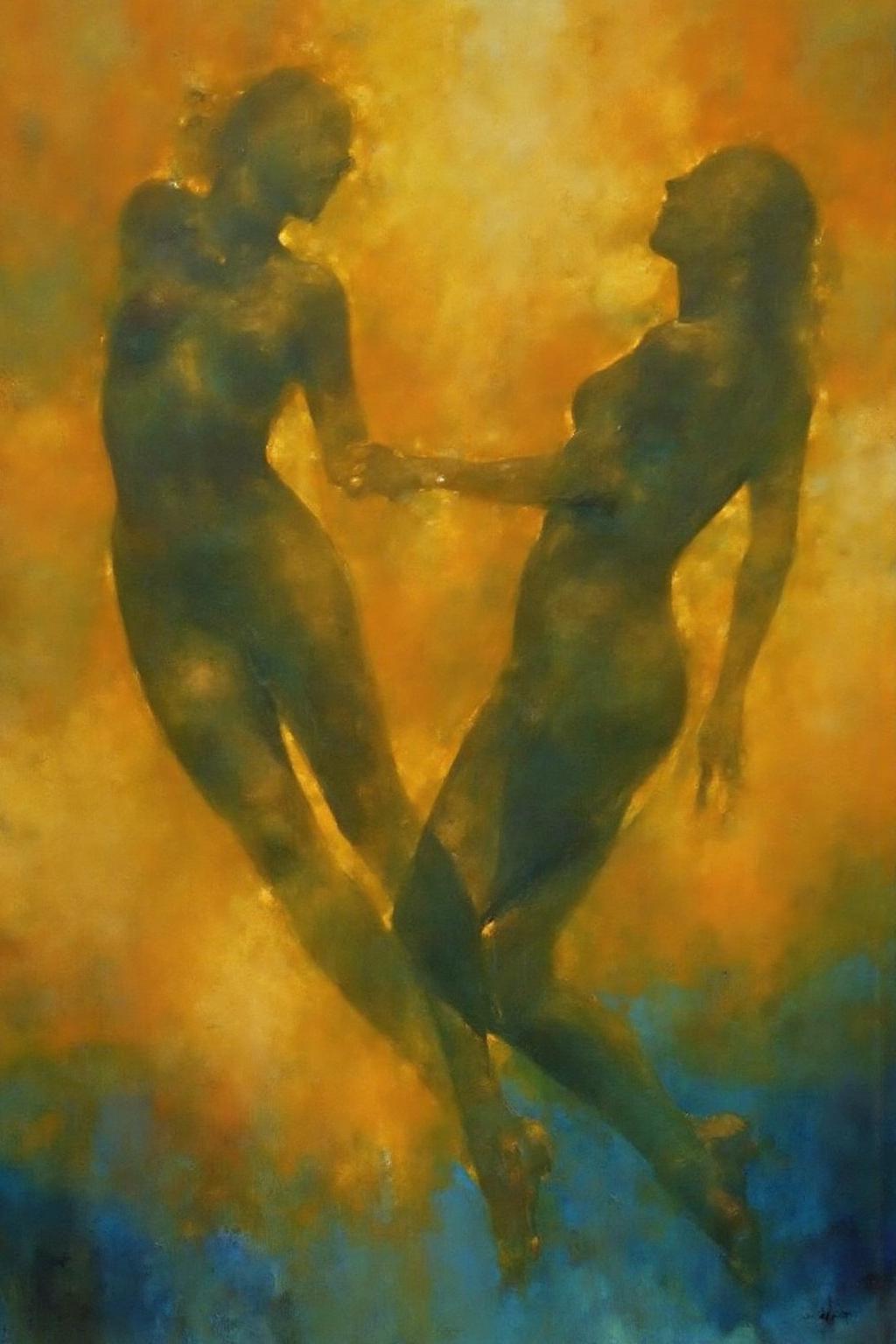 painting.
Two dark silhouettes of human figures appear in motion, intertwined in a dance-like pose against a vibrant yellow, orange, and blue background. <lora:billbate1_cap_d8a4e12:1.0><lora:852804514674145525:0>