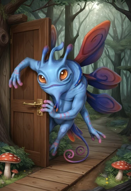 score_9, score_8_up, score_7_up, score_6_up, score_5_up, score_4_up, realistic BREAK puckpdxl, 1boy, solo, blue skin, wings, antennae, orange eyes,multiple arms, colored sclera, plump, sparkle, tired, looking at viewer, floating, forest, wooden door, tree, mushrooms, fantasy setting, tree house, tail, 3 fingers, <lora:Puck:0.8>, peeking out, godrays, <lora:peeking_out_ponyxl:0.7>