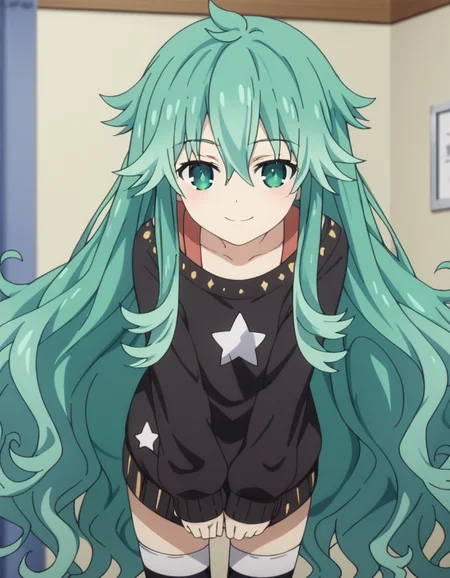 score_9, score_8_up, score_7_up, source_anime,
natsumikyouno, <lora:natsumi-kyouno-s4s5-ponyxl-lora-nochekaiser:1>,
natsumi kyouno, long hair, very long hair, green hair, aqua hair, green eyes,
thighhighs, long sleeves, striped, star \(symbol\), sweater, striped thighhighs, star print,
indoors, bent over, smile,
looking at viewer, solo, cowboy shot, dutch angle,