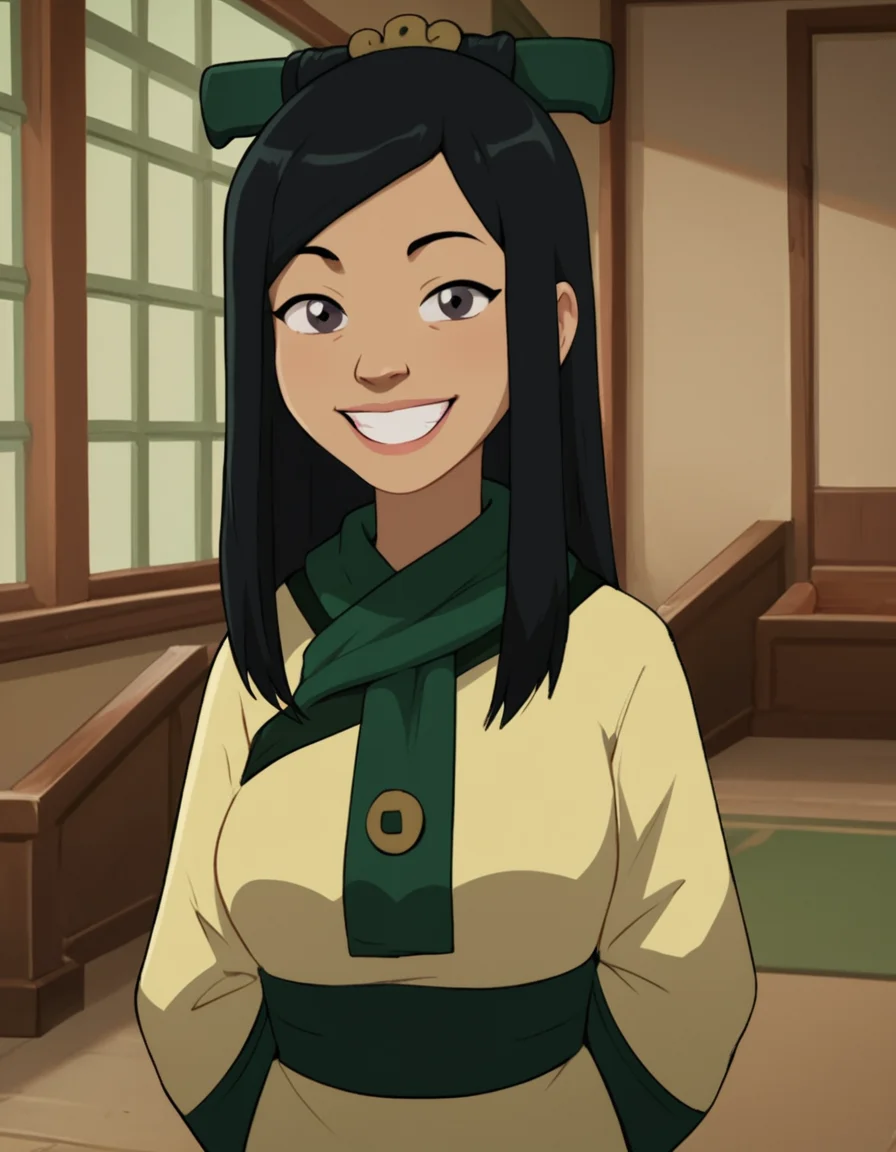 looking at viewer, <lora:Joo_Dee_ATLA:0.8> , joodeeatla, black hair, black eyes, long hair, dark-skinned female, hair ornament, yellow robes, green sleeves, scarf, grin, medium breasts, hands behind back, score_9, score_8_up, score_7_up, cute,