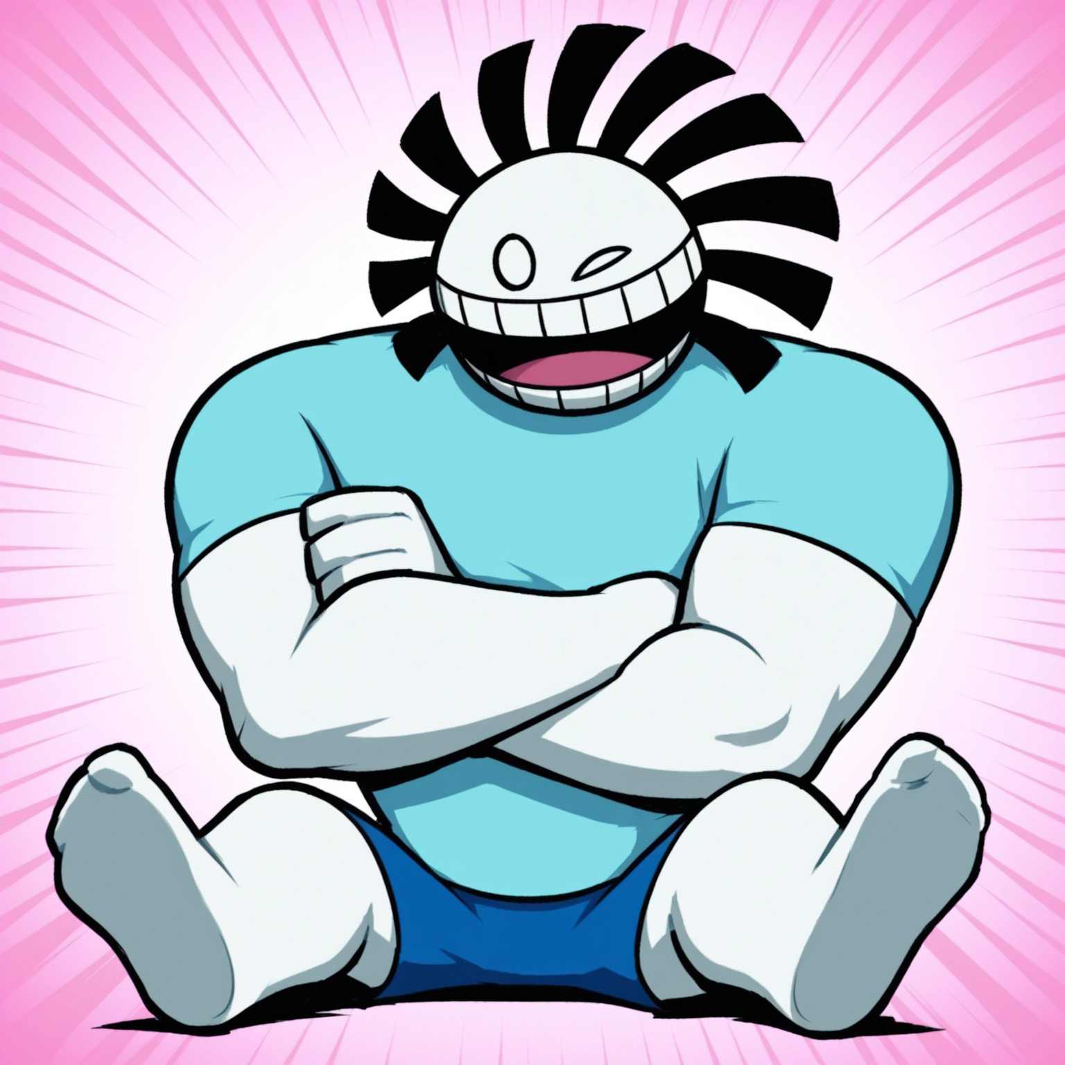 2d, solo, male, Twinsomniaboy, 1boy, broad shoulders, thick arms, white body, white skin, circular eyes, white eyes, no sclera, cyan shirt, blue shorts, barefoot, black hair strands, teeth,

BREAK upper body focus, one eye closed, open mouth smile, (front view, looking at viewer), arms crossed, happy

BREAK best quality, amazing quality, very aesthetic, absurdres, newest, masterpiece, high quality