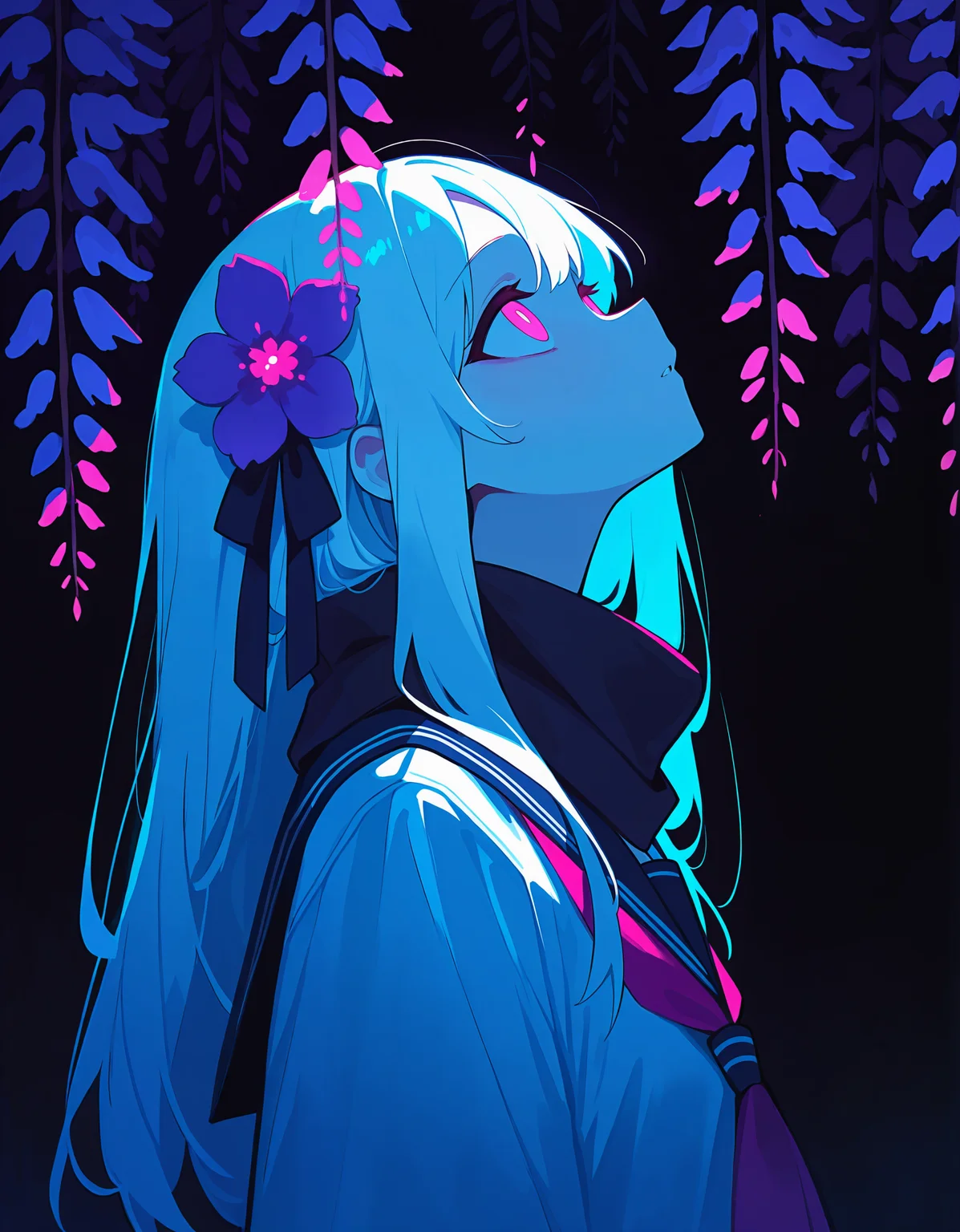 masterpiece, best quality, newest, highres, absurdres, <lora:LeIsT0_style:1>,LeIsT0_illu,1girl, solo, flower, long hair, wisteria, hair ornament, looking up, upper body, white hair, parted lips, from side, pink eyes, neckerchief, hair flower, sailor collar, scarf, school uniform, black background, blue theme, serafuku