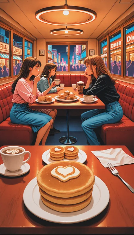absurdres, high_quality, incredibly_absurdres, very aesthetic, film_grain, grainy_texture, vibrant, traditional_media, gradient, colorful_theme)
(Cuti3C0mics, crowd, border, diner, window, town, street, indoors, pancakes on plate, cappuccino, fork and spoon, napkin)