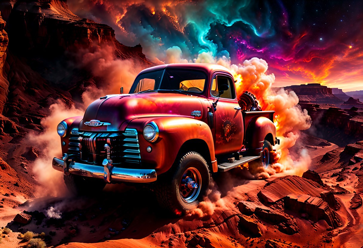 Create a 3d digital ink Aerial Photograph of a lifted Steam punk 1950 Chevy truck, with a huge engine sticking out of the hood, drifting through a canyon on Mars. The truck's smoke and fire trails are billowing behind it. The red planet's unique terrain and an electroluminescent multi- colored nebula is visible in the background, including the towering canyon walls and a vast, electroluminescent multi-colored nubula. The image is captured in 8K UHD resolution, with high-quality details such as the iridescent copper hyper detailed paint job and sharp edges visible. The photo was taken with a DSLR camera, using vibrant lighting to highlight the car's curves and contours. subtle color grading enhance the image's cinematic quality.