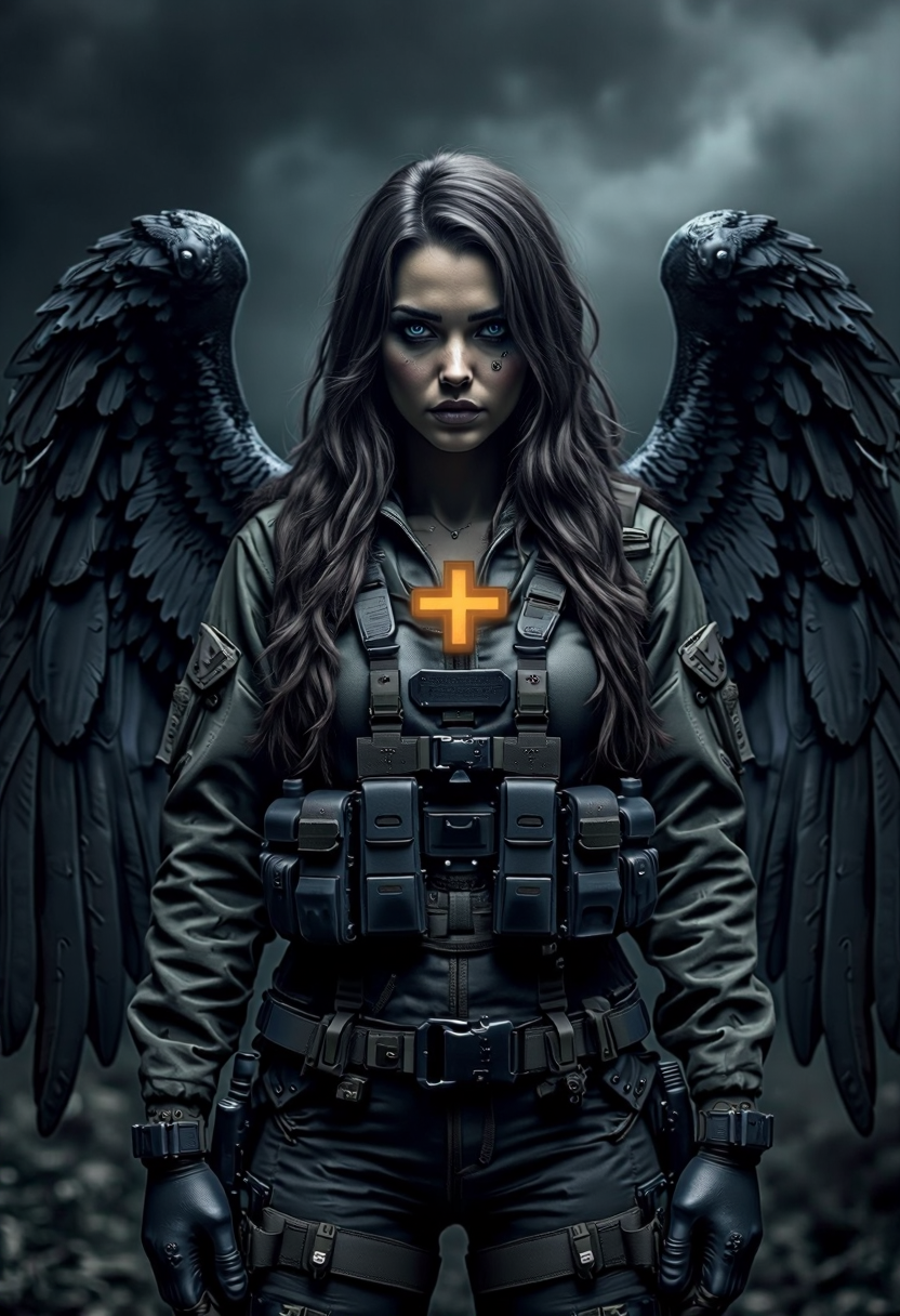 Dark and moody yfg-daak, Dark Angel with Black wings, wearing a tactical outfit, a Swiss cross glowing on her chest, dark smoky sky, surreal and intense, whimsical, 4k resolution.