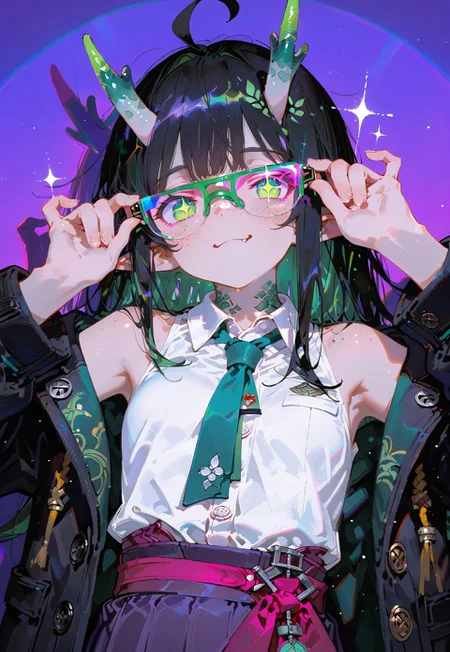 looking at viewer,bust shot,face focus

Smug,nerd glasses, pushing up glasses

1 girl,petite,loose unruly messy hair,messy bangs,black hair,green accents hair,fair skin,dragon horns,green eyes,(sparkling eyes:1.1),freckles,ahoge,pointy ear

Large Black coat with green accent,coat hanging sleeves,white sleeveless buttoned shirt tucked in,green tie, exposed shoulder,dark purple skirt,

Color background, bright purple background,(shadow:1.2), front lighting,glimmer, [scales design], sparkling,(anagylph refraction:1.5),(front spotlight:1.2),(purple hue:0.8),(colors green glowing:1.4)

Cunnystyle,748cmstyle,Smooth_Quality,masterpiece,best quality,amazing quality, aesthetic,(vibrant colors:1.7),(bold lines:1.3),(saturated:1.6),