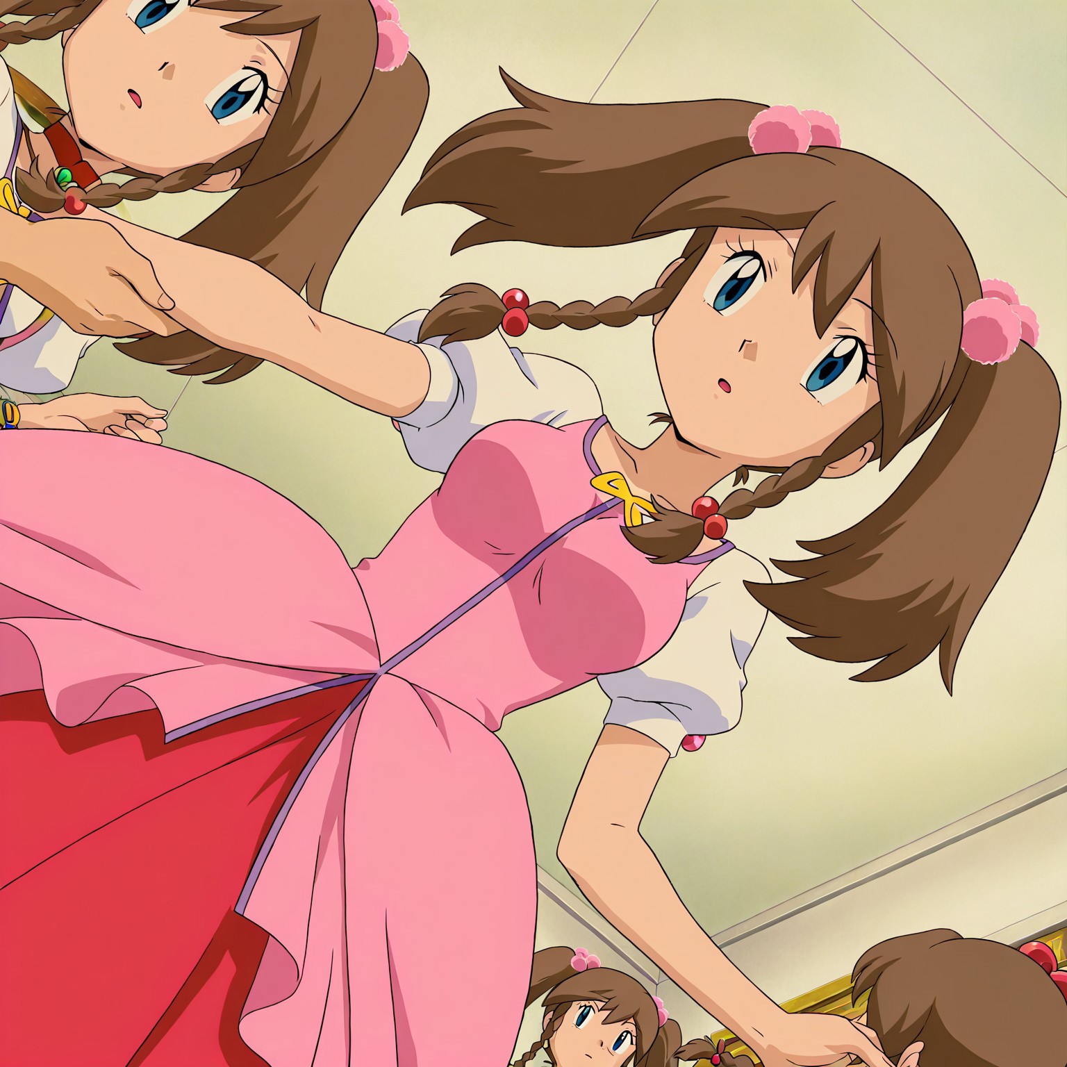 pokemon may, haruka, brown hair, twintails, braid, blue eyes, twin braids, hair ornament, dress, pink dress, hair bobbles, front view, white background, solo focus,medium breasts, dynamic angle, anime art style, anime coloring, Anime Screencap