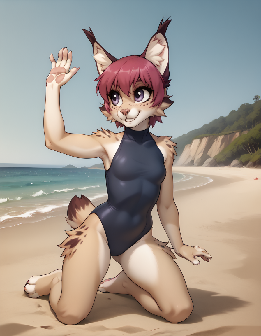 outdoors,beach,
full body,smile,long eyelashes,pose,
swimsuit,pose,
<lora:Kordy_v01_PDXL:1>,Kordy,1girl,solo,furry female,animal ears,short hair,tail,snout,animal nose,body fur,purple eyes,freckles,animal ear fluff,bangs,pink hair,white fur,two-tone fur,