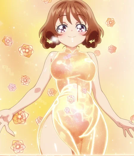 score 9, score 8 up, score 7 up, detailed background, shiny skin,
<lora:cureyumyum.pony:1>,
hanaran, transform,
half-closed eyes, seductive smile, heavy blush, heavy breathing, sweat,
large breasts, wide hips, pantyshot,