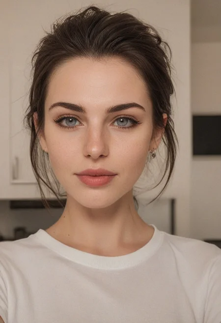 30yo woman wearing white shirt and yoga pants with white textures
long black dark hair slick back and smooth. making a kiss face
smile. Looking at camera. POV.
Dancing, moving, happy.
Kitchen. Fully furnished.
Night time.