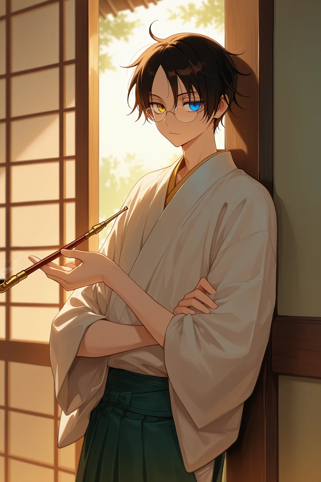 masterpiece, best quality, absurdres, safe
1boy kimihiro watanuki, heterochromia, glasses, japanese clothes, holding smoking pipe, sliding doors, against wall
<lora:xxxholic_il_1_d16:1>