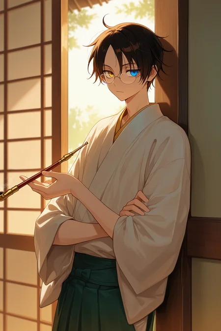masterpiece, best quality, absurdres, safe
1boy kimihiro watanuki, heterochromia, glasses, japanese clothes, holding smoking pipe, sliding doors, against wall
<lora:xxxholic_il_1_d16:1>