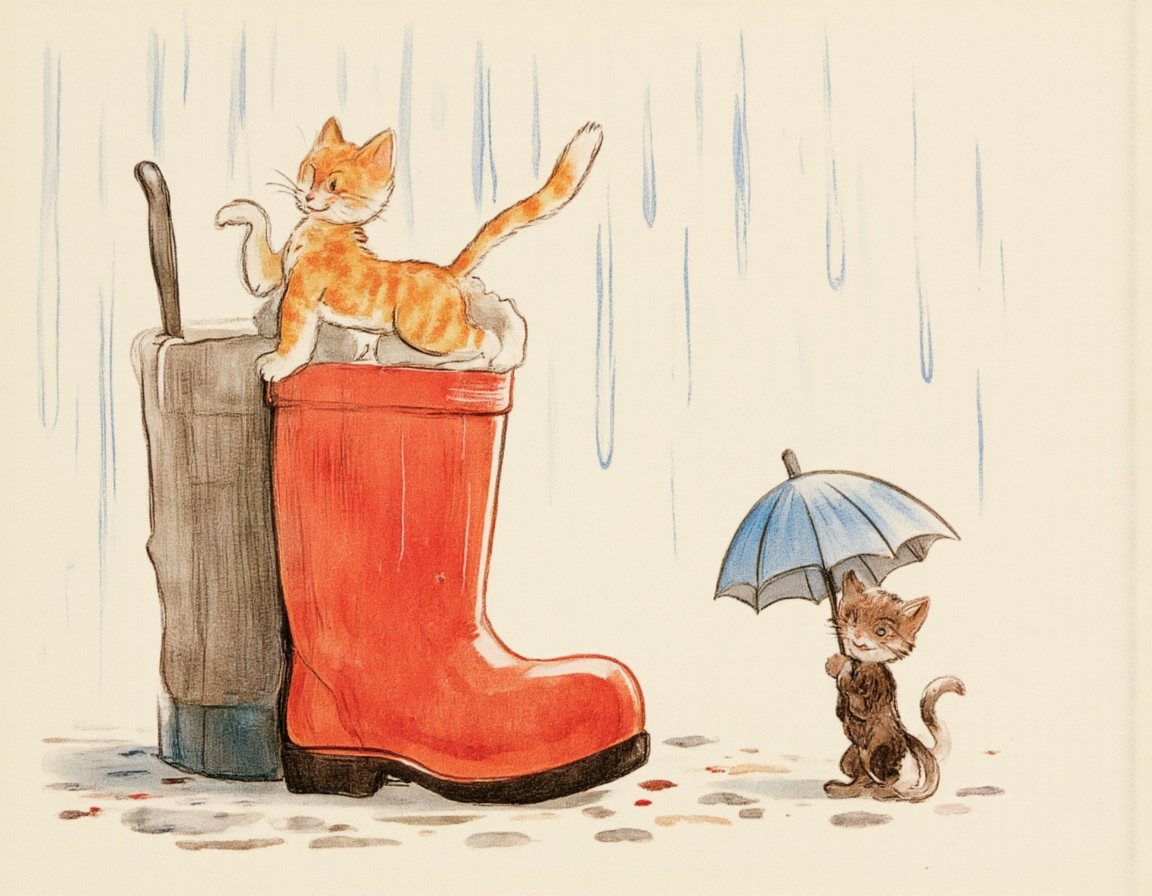 <lora:SUT_NEW:1>, A little cat holding an umbrella under the rain, standing next to a big red boot, in the style of Vitaly Suteev â soft watercolor textures, pastel tones, round and friendly character design, clean outlines, nostalgic Soviet-era children's book art