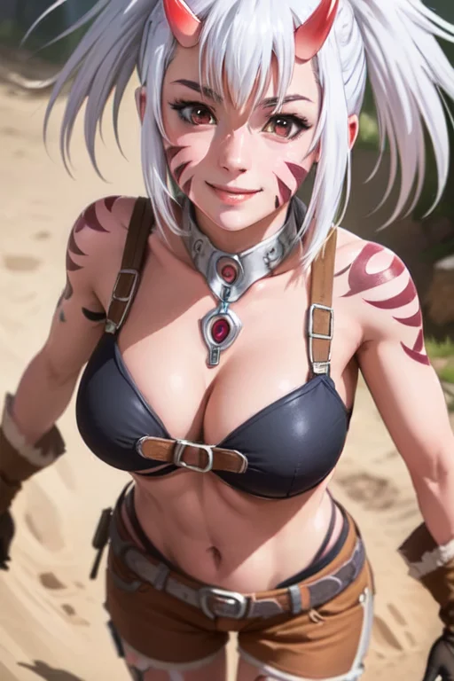 <lora:mimi:0.6>mimi, 1girl, solo, breasts, smile, red eyes, gloves, cleavage, medium breasts, white hair, horns, tattoo, colored skin, facial mark(masterpiece:1.2), (best quality), (ultra detailed), (8k, 4k, intricate),(full-body-shot:1), (highly detailed:1.2),(detailed face:1.2),(detailed background),detailed landscape, (dynamic angle:1.2), (dynamic pose:1.2),