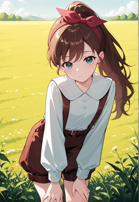 <lora:ruirui_ill_v1.0:1>,ruirui,brown hair,long hair,ponytail,long hair,
hair bow,white shirt,long sleeves,suspender shorts,
1girl,solo,
standing,leaning forward,looking at viewer,hands on own knee,cowboy shot,
outdoors,field,
parted lips,, textless version,