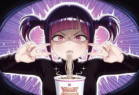 lazypos, character focused, anime girl, twin pigtails, jagged bangs, intense expression, eating noodles, neon colors, high contrast, hot pink, violet shadows, stylized lighting, sketchy outlines, dynamic pose, glitch aesthetic, pop art, urban angst, dramatic shading, expressive posture, chaotic mood, emotional tension, atg_(wttoo0202)