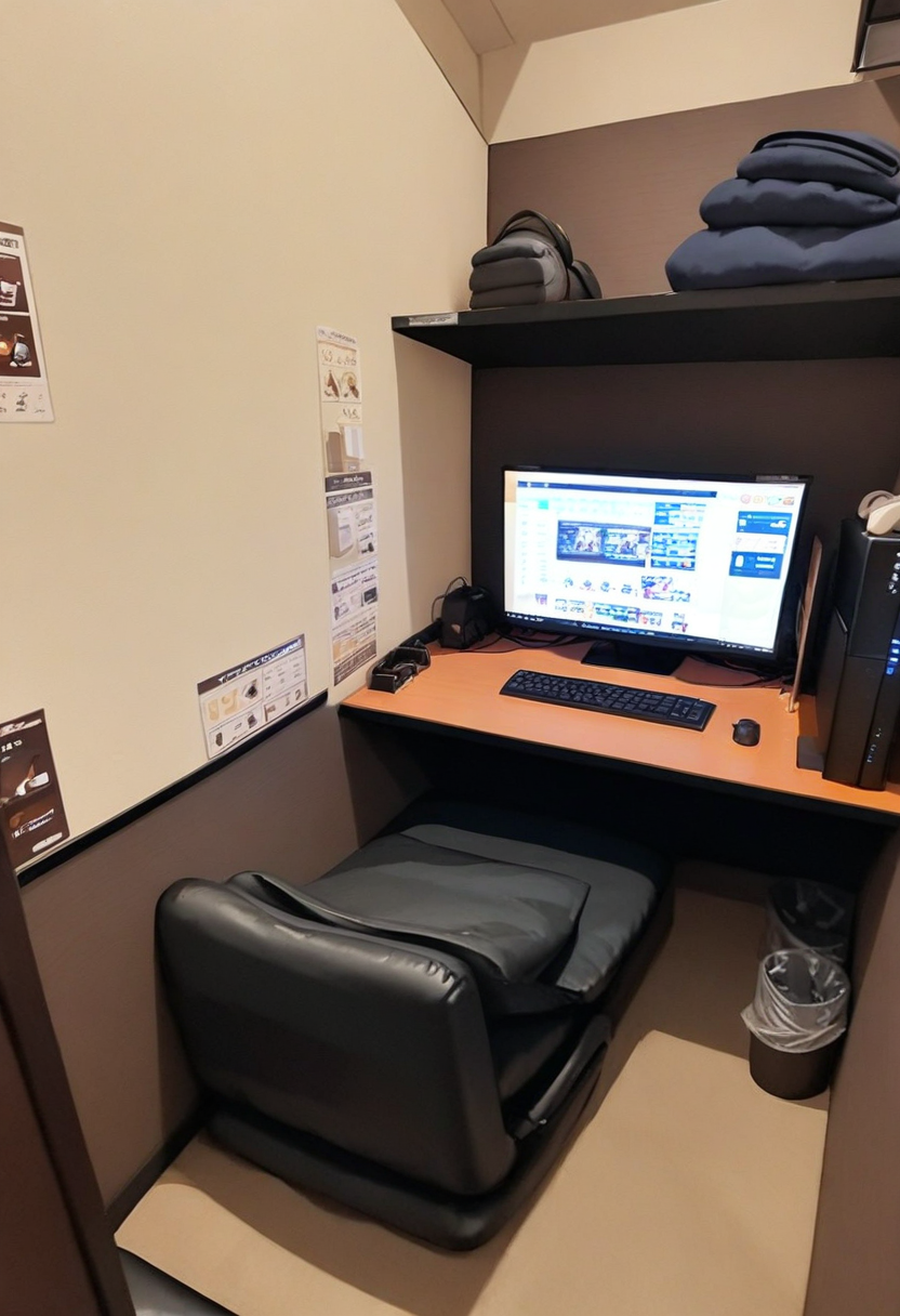 masterpiece, best quality, very aesthetic, absurdres,
necafe, scenery, indoors, computer, bed, realistic, chair, desk, monitor
 <lora:netcafe_SDXL_V1:1>