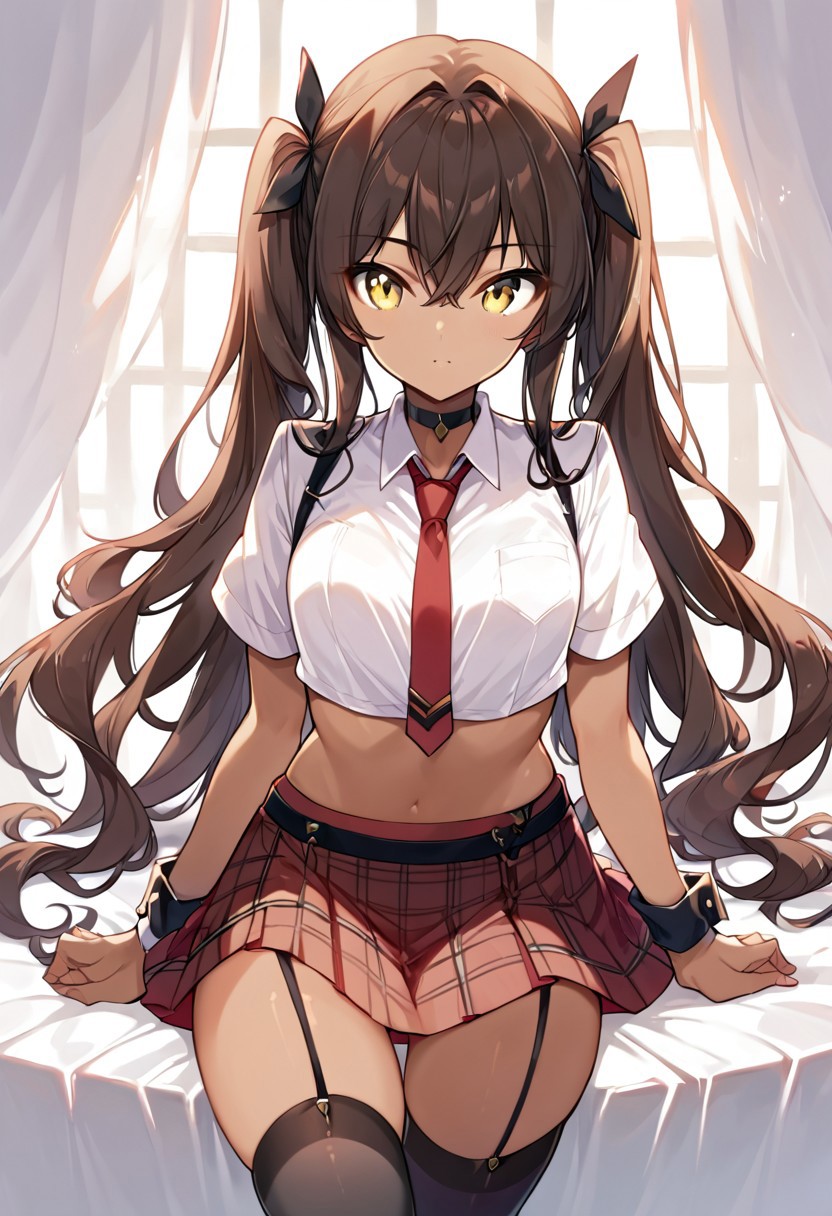score_9, score_8_up, score_7_up, 1girl, l1l1ana, black choker, white shirt, necktie, red skirt, plaid skirt, detached cuffs, short sleeves, black thighhighs, garter straps, midriff, red necktie, 
 source_anime, ntm