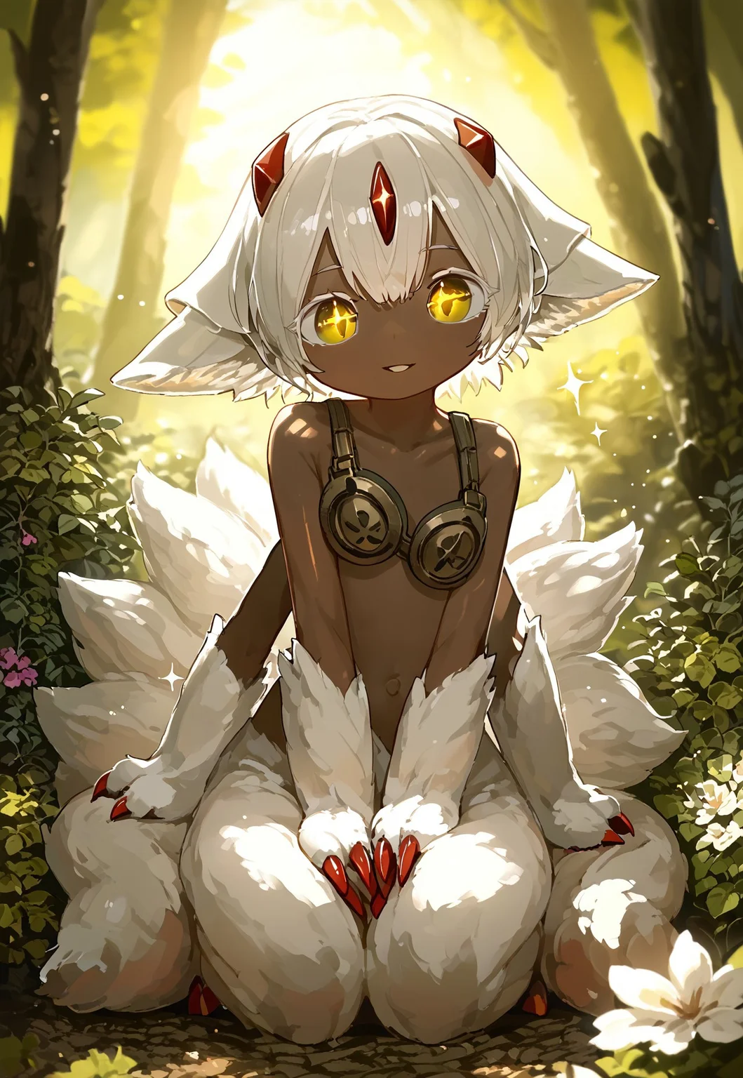 safe_pos, score_9, score_8_up, score_7_up, blurry background, birch trees, moss, flowers, vines, nature, sun rays, sparkles, parted lips, smile, sitting, hands between legs, white eyelashes, Metal bra, animal ears, white fur, yellow eyes, multiple tails, white animal hands, red claws, (4arms, extra arms), short hair, white hair, dark-skinned girl, dark skin, 1girl, Faputa,