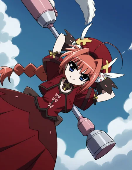 score_9, score_8_up, score_7_up, source_anime, <lora:vita-movie2-ponyxl-lora-nochekaiser:1>, vita, blue eyes, braid, ahoge, red hair, twin braids, rabbit hair ornament,, gloves, hat, dress, weapon, open clothes, open jacket, magical girl, red dress, cropped jacket, hammer,, laundry day, clothesline, drying clothes, domestic life, fresh air, blue sky, smile, , hands behind head,, solo,, dutch angle,