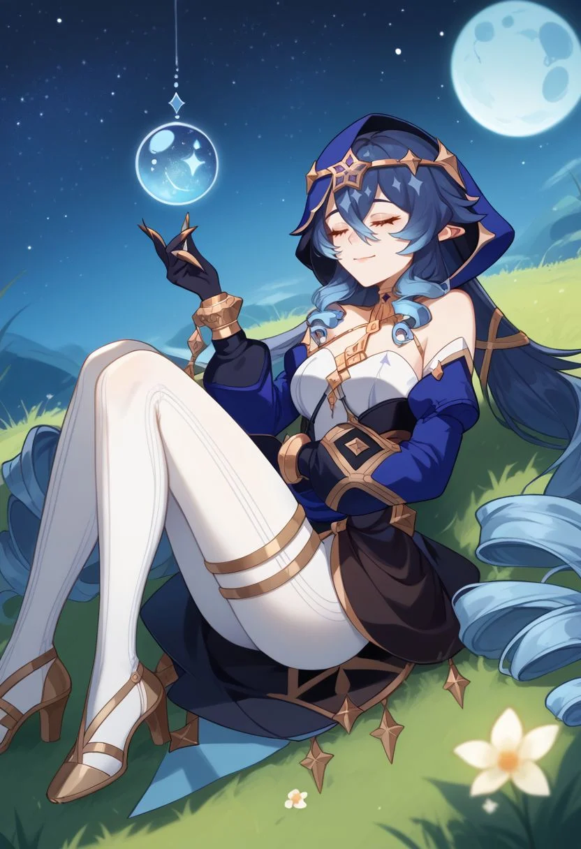 score_9, score_8_up, score_7_up, source_anime, 1girl, layladef, blue hair, closed eyes, drill hair, hair between eyes, drill sidelocks, twin drills, pointy ears, blue hood, jewelry, neck ring, bare shoulders, detached sleeves, juliet sleeves, puffy long sleeves, claw ring, black gloves, white pantyhose, bags under eyes, thighlet, high heels, gold footwear, smile, closed mouth, exhausted, lying, on back, outdoors, grass, starry sky, moon, night, orb, close-up, from above, hand up, hand on own stomach, fungi \(genshin impact\), from side, <lora:Layla_v1-000010:1>
