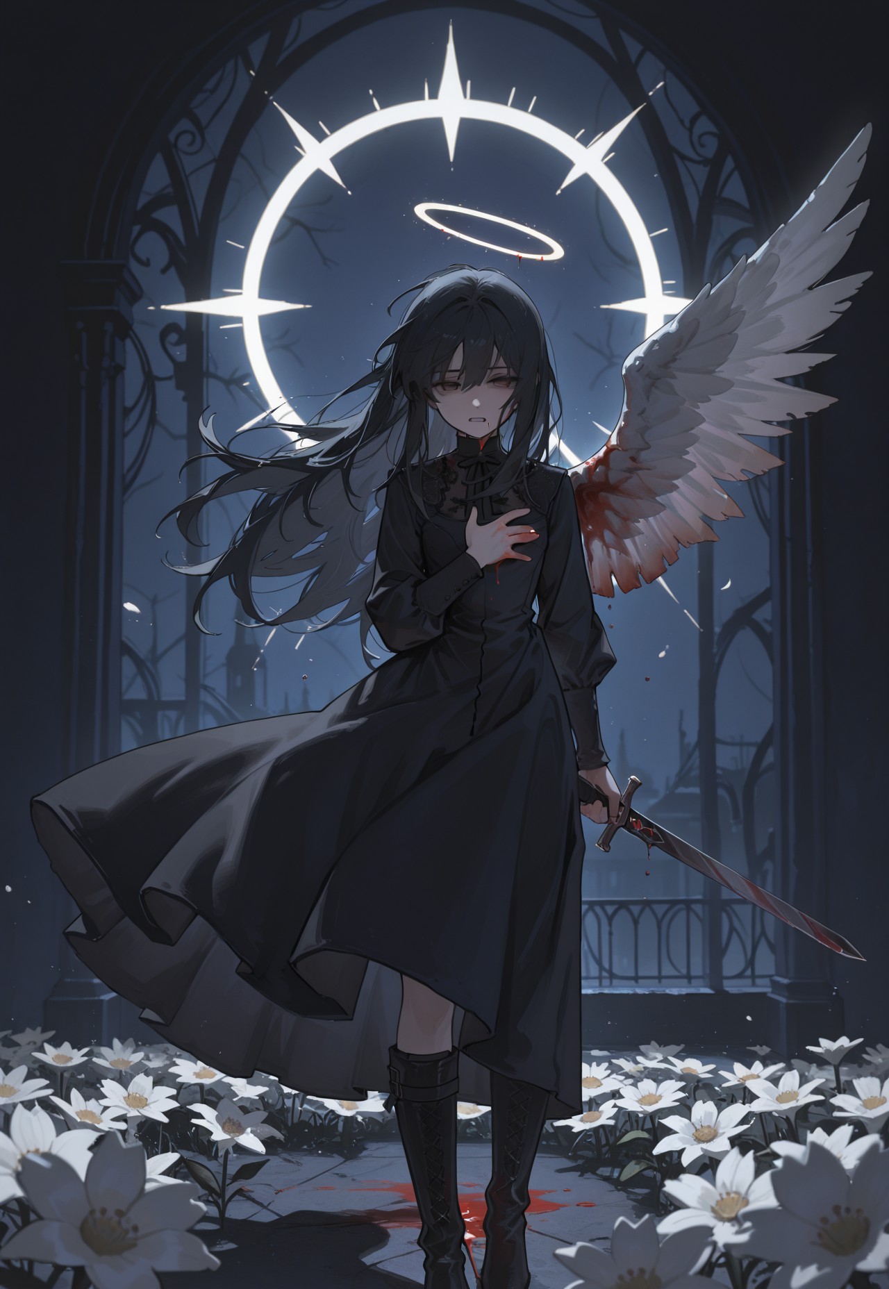 unholy-aesthetic, 

solo, detailed, ethereal, conematic, cinematic lighting, upper body, 
abstract background, night, dark, dark background, shadow, underlighting, tenebroso,  white flowers, floating flowers, a lot of flowers, floating hair, floating clothes, 

long sword, sheathed, flower_censor, 

blood, covered in blood, a lot of blood, bleeding, clenched_teeth, emotionless,shaded eyes,  
standing, covering injury, 
pain, injury, 

angel wings, (missing wing:1.2),  one wing, 

1girl, black hair, long hair, black dress, long dress, sheath, knee boots, black boots, 

masterpiece, best quality, amazing quality, very aesthetic, absurdres, newest, 