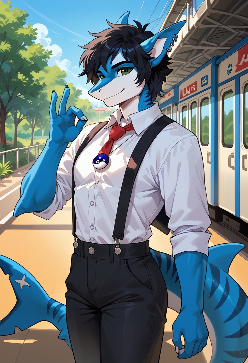 scappo,  score_9, score_8_up, score_7_up, 1boy, solo, lunarsunxl, anthro shark,dark blue skin, stripes on the body, short hair,lush hair,black hair, green eyes, shark tail, ear piercing, BREAK, Back to the viewer, half turned, looking at the viewer, white shirt, red tie, black trousers, suspenders, pink ribbon on hand, shell pendant, yin-yang pendant, goodbye gesture, big smile, happy face, train station platform background, sunny day,