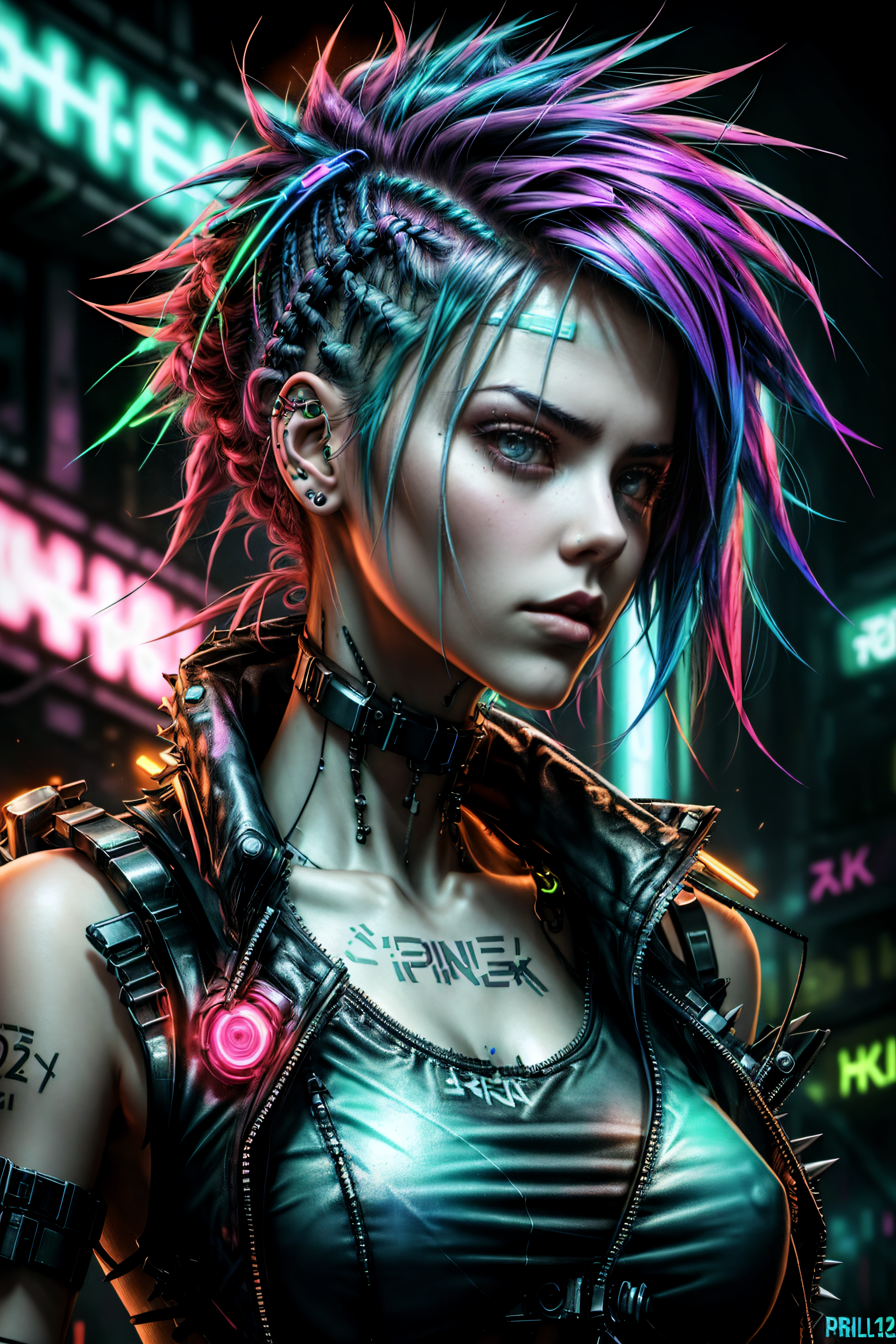 cyberpunk style, cyberpunk girl, 21yo, determined,  <lora:Hairy Styles:0.7> punk_hair, long, spiked,  <lora:Detail more XL:0.4>,  <lora:Braless:0.8> braless,  <lora:Neon Glow:0.8> neon_glow,  <lora:Light Accelerator:0.2>, neon, dystopian, futuristic, digital, vibrant, detailed, high contrast, reminiscent of cyberpunk genre