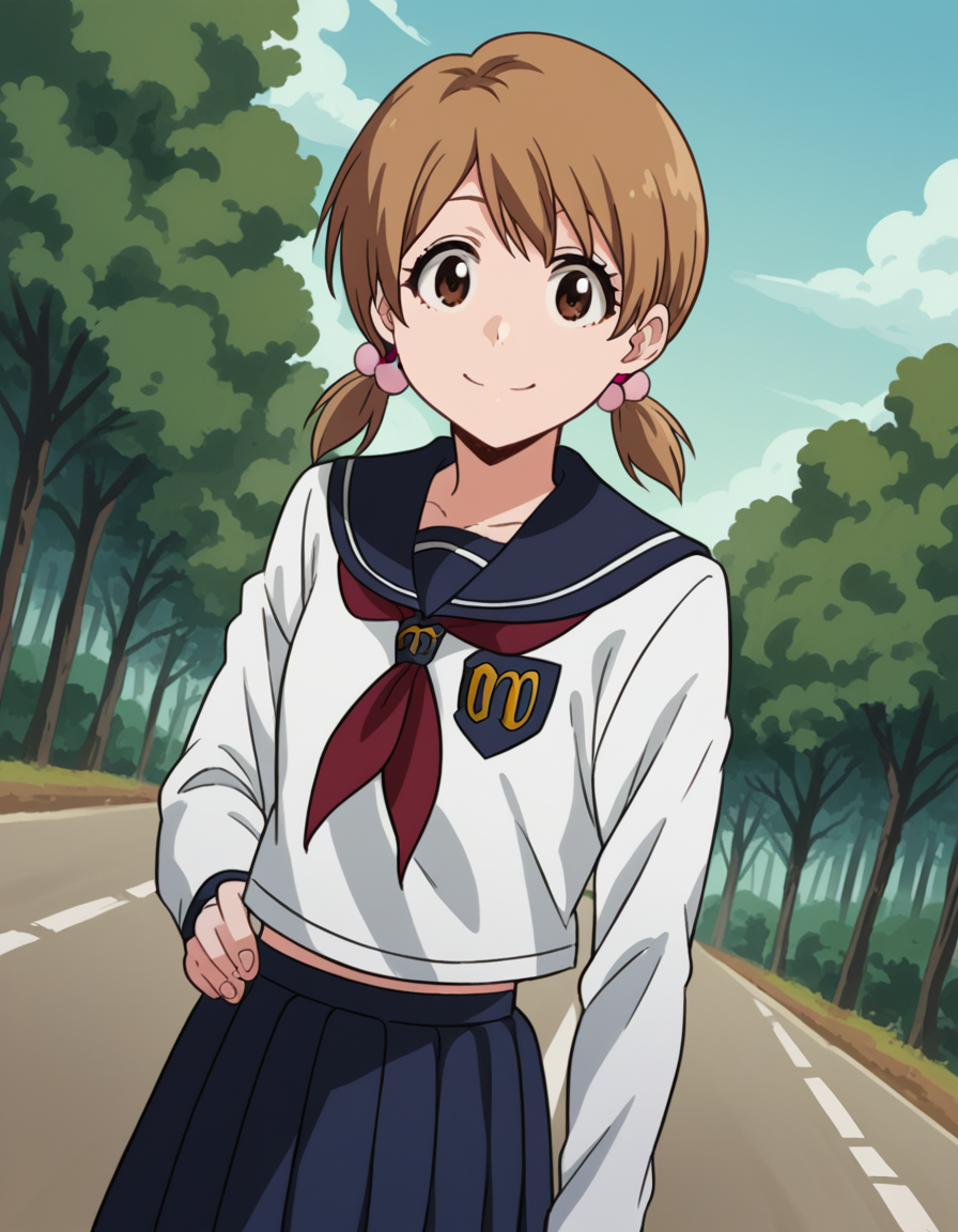 score_9, score_8_up, score_7_up, source_anime, <lora:yuzu-kurosaki-anime-ponyxl-lora-nochekaiser:1>, yuzu, short hair, brown hair, brown eyes,, twintails, short twintails, school uniform, serafuku, neckerchief, red neckerchief, skirt, blue skirt, pleated skirt, long sleeves, white shirt, shirt, sailor collar, blue sailor collar,, bike ride, countryside, dirt road, trees, afternoon sun, peaceful, alone, smile, looking at viewer, hand on waist, elbow up, foot on tiptoe, solo,, cowboy shot, dutch angle