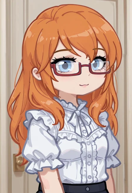 masterpiece,best quality,amazing quality, GachaPumpkinDetective, PumpkinDetective, girl, Blue eyes, redhead, orange hair, glasses, red-framed eyewear semi-rimless eyewear, ,frilled_shirt
