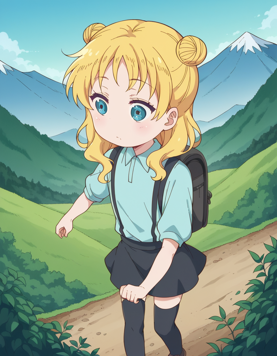 score_9, score_8_up, score_7_up, source_anime, <lora:dragon-chloe-s2-ponyxl-lora-nochekaiser:1>, chloe, blue eyes, blonde hair, hair bun, double bun, child, female child,, skirt, shirt, thighhighs, collared shirt, suspenders, blue shirt,, mountain trail, hiking, nature, backpack, adventure, fresh air, , , from above,, solo,, dutch angle,