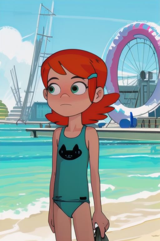 masterpiece,high quality,solo,outdoors, gwen, blue swimsuit